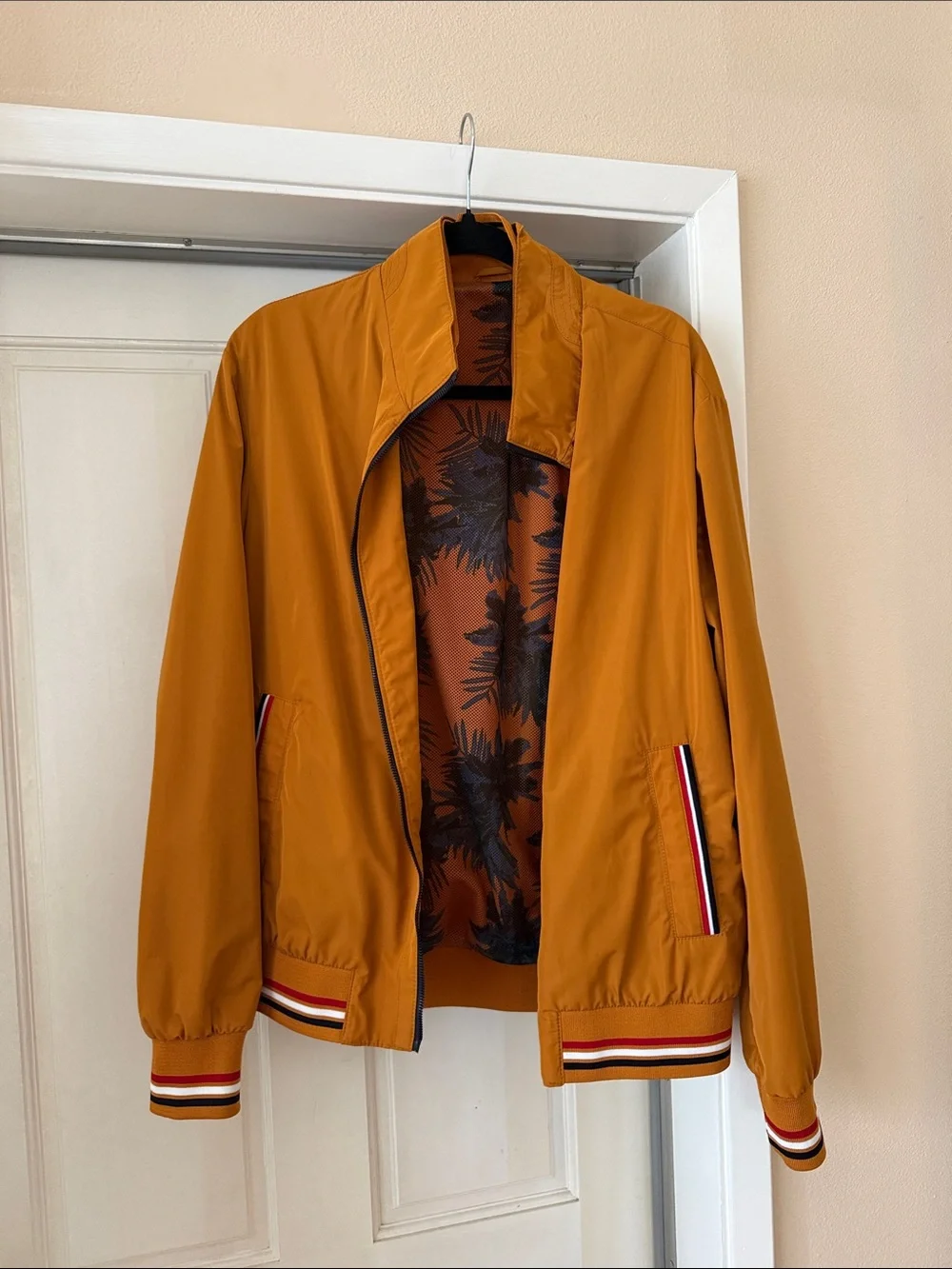 Men's Mustard Bomber Jacket with Striped Trim